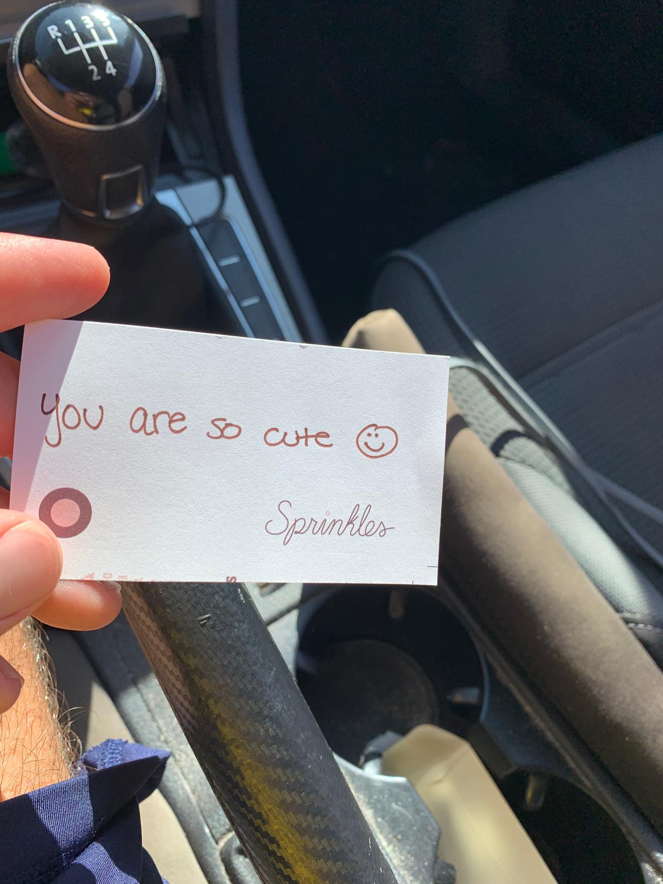 The Sprinkles note that Katie wrote “to herself” and left in Shane’s car