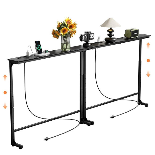GRLEAF 2 Pack Adjustable Height Narrow Console Table with Power Outlets, 78.7" Long Sofa Table with Charging Station Behind Couch Table Skinny Entryway Table for Living Room and Hallway – Black