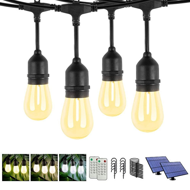 Dott Arts 100FT (2X50FT) Solar Outdoor String Lights Waterproof with Dimmable Remote,3-Color in 1 Solar Patio Lights with 2700K-5000K Edison Bulbs，Outdoor String Lights for Outside Backyard,Garden