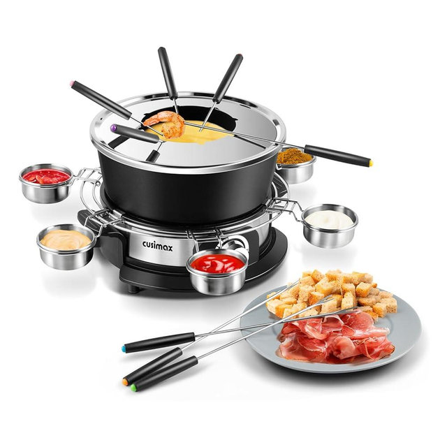 CUSIMAX Electric Fondue Set with 1300W Power Temperature Control for Cheese,Chocolate,Oil and Broth, 2L Non-Stick Electric Fondue Pot with 8 pcs Forks,6 pcs Cups and Removable Anti-Scald Handle