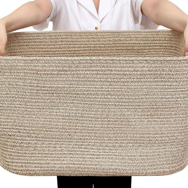 Optish 95L Blanket Basket, Large Woven Baskets for Storage, Blanket Storage for Living Room, Rope Basket with Handles for Bedroom, Nursery, Toys, Clothes, 24” x 17” x 13.5”, Brown