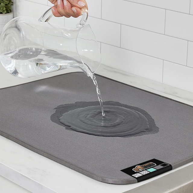 Gorilla Grip Ultra Water Absorbent Microfiber Dish Drying Mat, Quick Dry Thick Mesh, Slip Resistant Pad for Sink Dishes or Under Rack, Kitchen Counter Accessories, 16x18, Machine Wash Mats, Gray