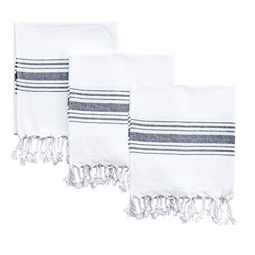 Turkish Hand Towel Set (Pack of 3) Face, Gym, Yoga, Travel, Bath, Sauna Peshtemal Towel Set - Kitchen Tea Dish Cloth Set, Super Soft, Quick Dry and Highly Absorbent (18 x 38 inches) (Dark Navy)