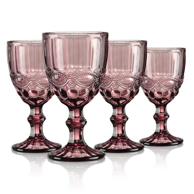 Joeyan Purple Vintage Wine Glasses,Clear Water Goblet Glasses,Stemmed Drinking Glasses with Embossed Pattern,Colored Glassware Set for Wedding Party Banquet Feast,10 oz,Set of 4,Dishwasher Safe