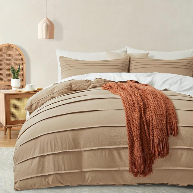 Oli Anderson Khaki Duvet Cover King Size - Pleated King Duvet Cover, 3PCS Soft and Breathable Textured Bedding Set with Zipper Closure(Khaki,104"x90")