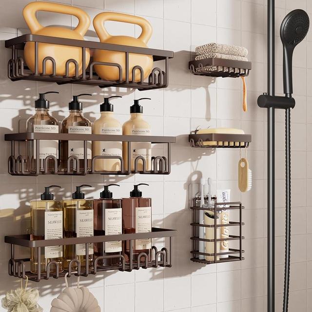 Veken Stainless Steel Shower Caddy 6-Pack, No Drilling & Rustproof, Waterproof Adhesive Shelves Rack with Soap Holder, Large Capacity Bathroom Organizers and Storage, Wall-Mounted Kitchen & Home Decor