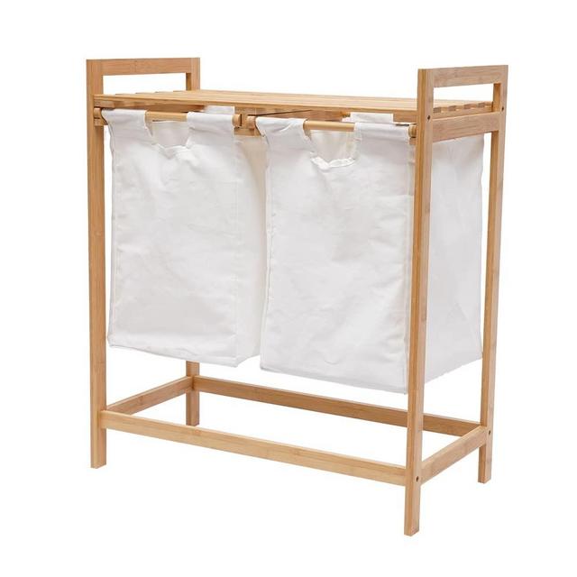 Two-Section Organizer Storage Shelf with Bamboo Frame and Baskets Storage Drawers Unit,Laundry Towel Hamper Cabinet Tower Two Part Compartment Sorter Basket (2-Section,Style 2)