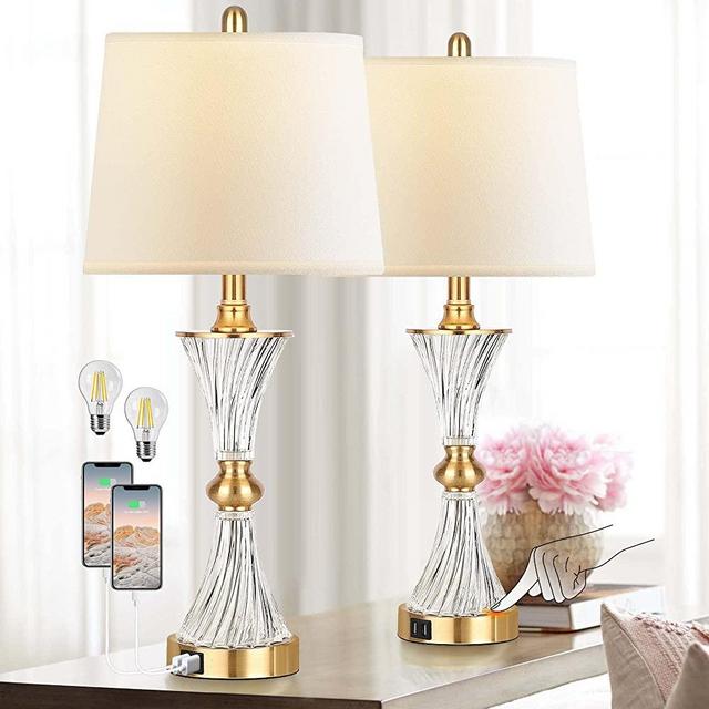 Touch Table Lamps for Bedroom Set of 2 Modern Living Room 3 Way Dimmable Gold Glass Bedside Nightstand Lamp for End Table with 2 USB Charging Port,2 Bulbs Included