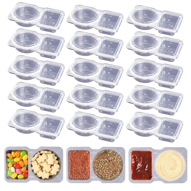 ABEJFIC 15 Sets Double Compartment Condiment Containers with Lid, Transparent Small Plastic Dipping Containers for Condiments or Dips, Sauce Snack, Salad Dressing, Sampling, Travel Snack