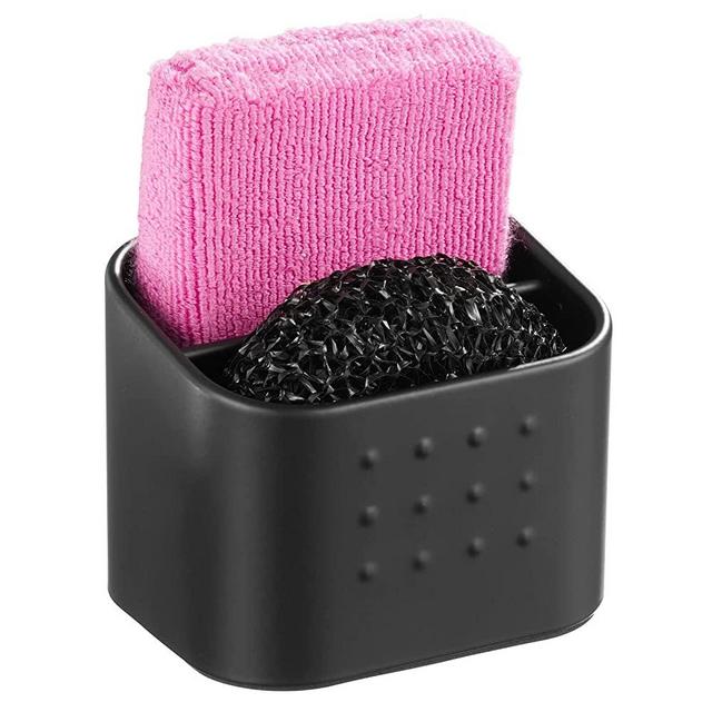 mDesign Modern Metal Farmhouse Kitchen Sink Storage Organizer Caddy - Small Holder for Sponges, Soaps, Scrubbers - Use in Kitchen, Laundry, Utility Room, Bathroom - Stainless Steel - Matte Black