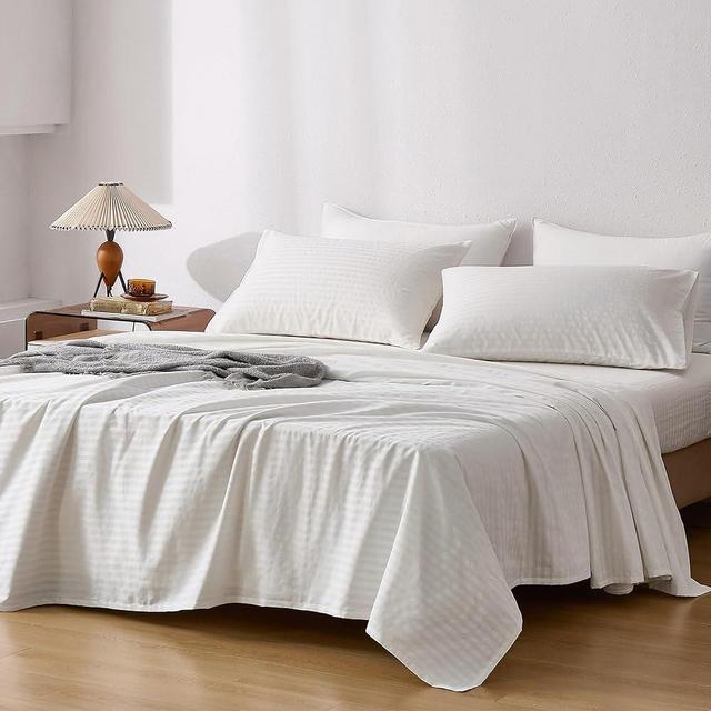 JELLYMONI Striped Sheets Set Queen Size, 4 Pieces 100% Cotton Bed Sheets - 16" Deep Pockets Fitted Flat Sheet & Pillowcase Bedding Set, Ultra-Soft, Machine Washable
