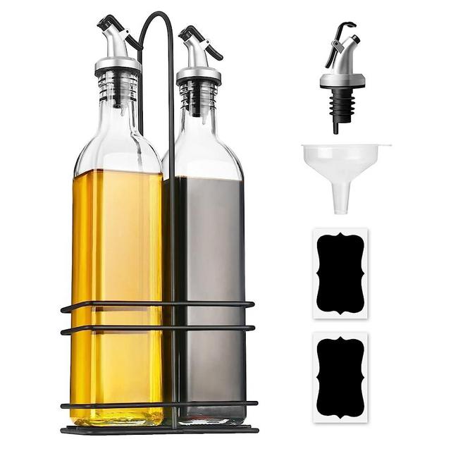 GMISUN Oil and Vinegar Dispenser Set, Olive Oil Dispenser Bottle Set with Stainless Steel Holder Rack, 17oz Clear Glass Oil Dispenser Bottle for Kitchen, Cooking Oil & Vinegar Cruet Set 2 Pack