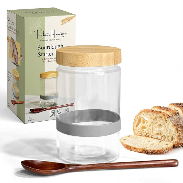 Touchet Heritage Sourdough Starter Jar (32oz)- Sourdough Jar Kit Wide Mouth with Wooden Spoon & Silicone Measuring Band- Thick, Durable Glass w/Bamboo Lid - Sourdough Fermentation Jar - 6.5” x 4"