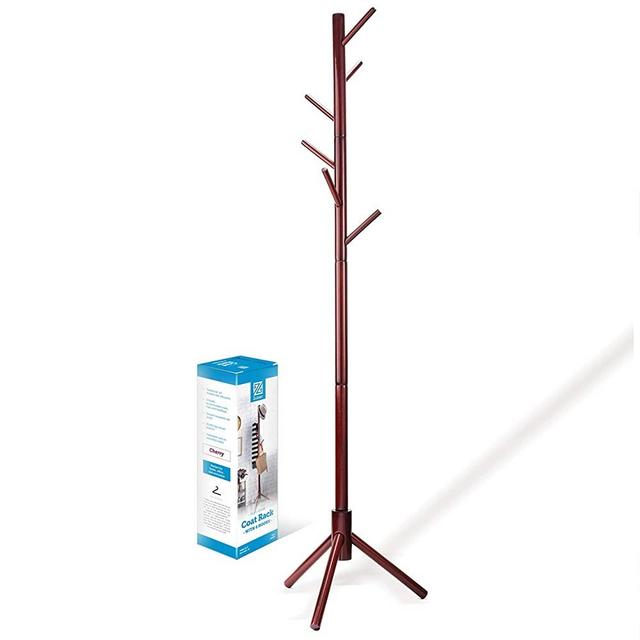 High-Grade Wooden Tree Coat Rack Stand, 6 Hooks - Super Easy Assembly NO Tools Required - 3 Adjustable Sizes Free Standing Coat Rack, Hallway/Entryway Coat Hanger Stand for Clothes, Suits, Accessories