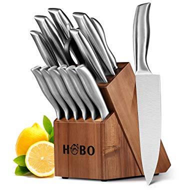 HOBO Knife Set,14-Piece Knives with with Wooden Block, All-purpose Kitchen Scissors and Sharpener Stainless Steel Chef Cutlery, Silver
