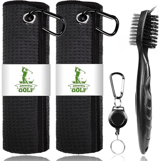 ATTRACTIVE Golf Towels, Microfiber Waffle Pattern Towels - Golf Club Brush with Cleaning (2 Black Towel+Black Brush)