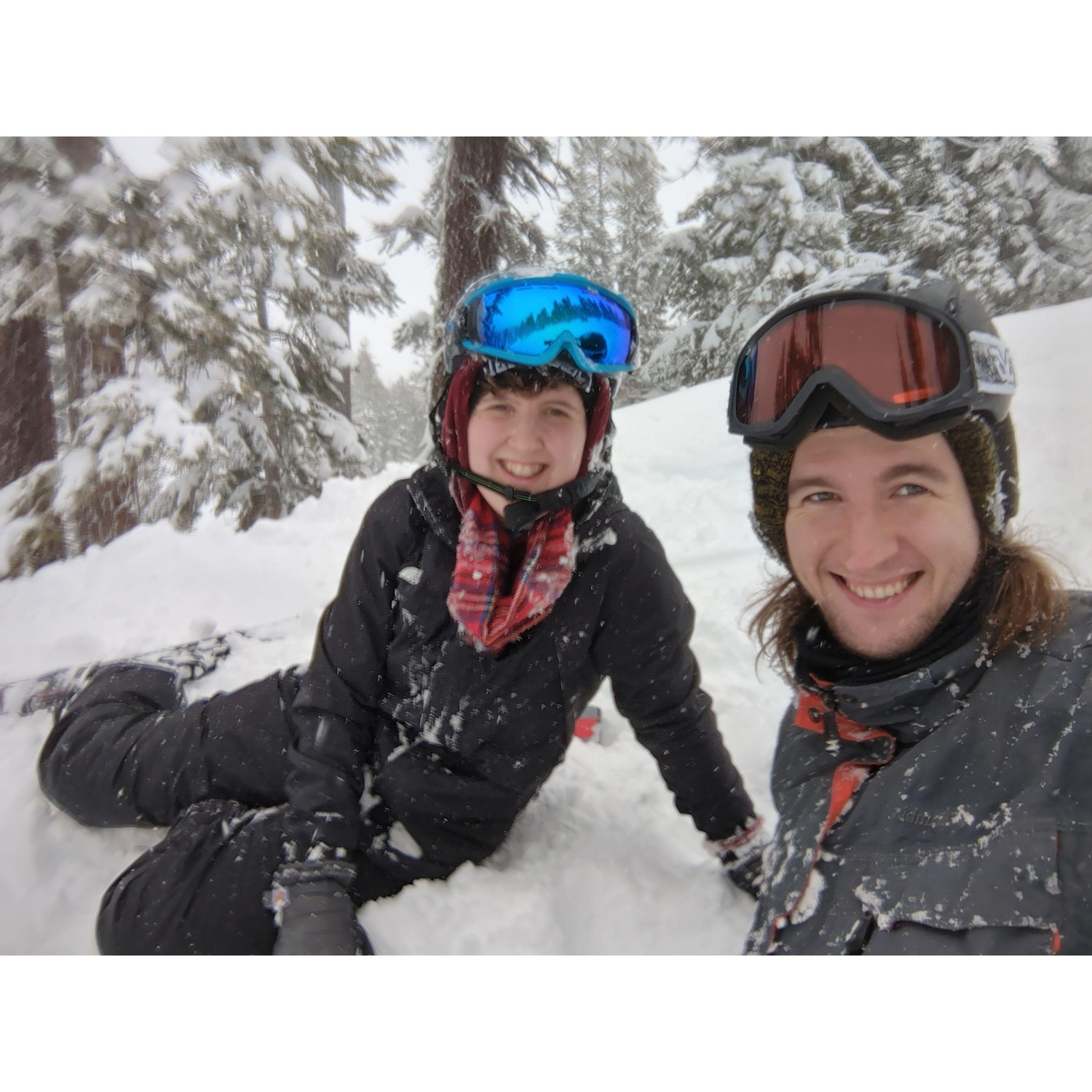 Feb. 2025 - Us midway down a ski slope near Lake Tahoe