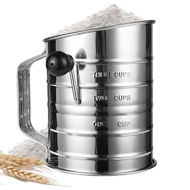 Flour Sifter 3-Cup Stainless Steel Rotary Hand Crank Sifter with 16 Fine Mesh Screen and 4 Wire Agitator Rotary Hand Crank Baking Sifter Professional Flour Sieve (Dough Blender) Baking Sifters