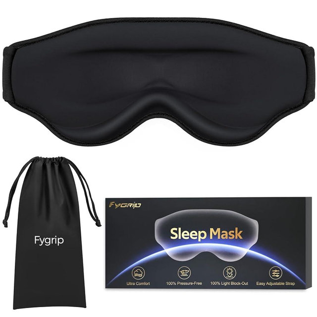 Fygrip 3D Cooling Eye Mask Sleep Mask for Men & Women, 100% Pressure-Free & Light Block-Out Eye Mask for Sleep with Easy Adjustable Strap, Night Eye Cover for Travel, Black