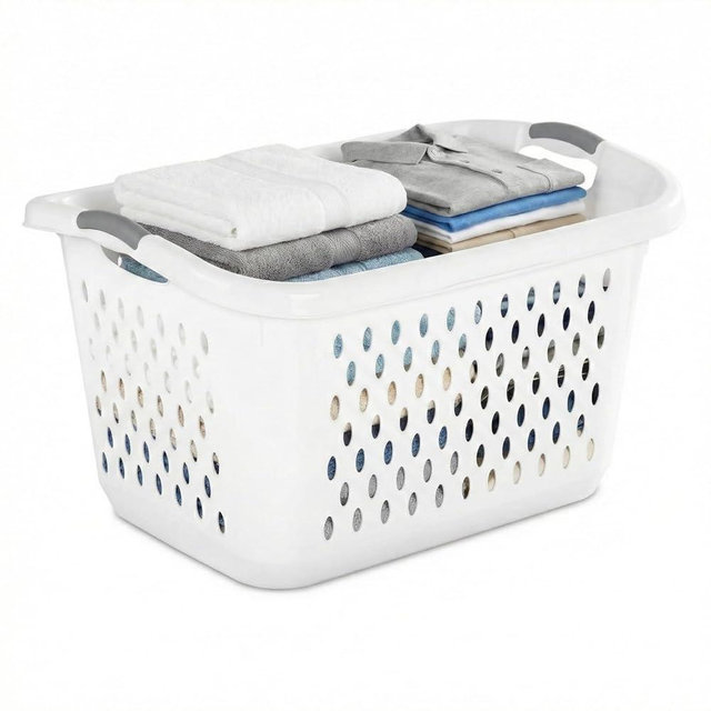 Extra Large Plastic Laundry Basket, 2.7 Bushel, White, Ventilated Oval Hole Design, Wide Open Top, 2 Comfort Carry Handles, 26.75 x 20 x 15.88 in, for Laundry Room, Dorm, Bedroom