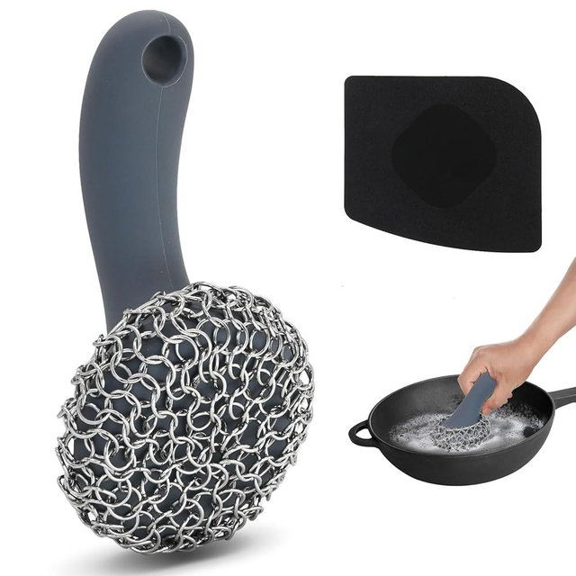 Cast Iron Scrubber with Long Handle | 316 Cast Iron Cleaner Chainmail Scrubber for Pan Skillet Cleaner - Dish Scouring Pad Dishwasher Safe Cleaning Kit (Grey, 1 Scrubber + 1 Scraper)