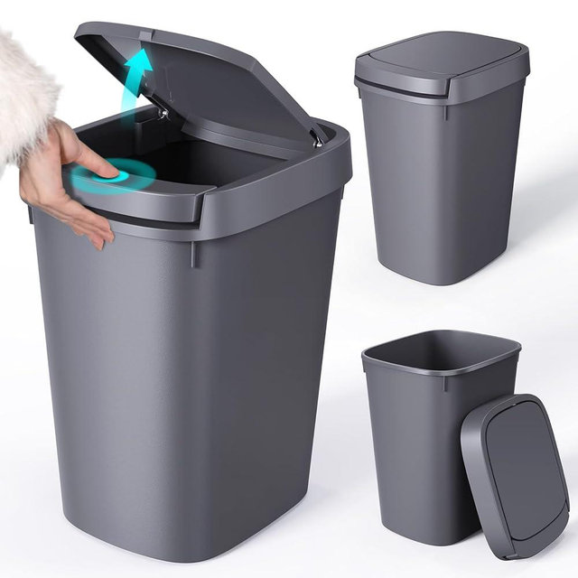 CEROELDA 3 Pack Bathroom Trash Can with Lid, 10L/2.6 Gal Small Garbage Can with Press Top Lid, Slim Plastic Waste Basket for Toilet, Office, Bedroom (Grey)
