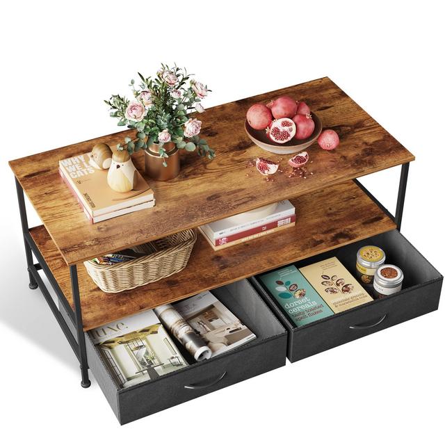 WLIVE Coffee Table with Storage Drawers and Open Shelf, Mid-Century Modern Wood and Metal Cocktail Table for Living Room