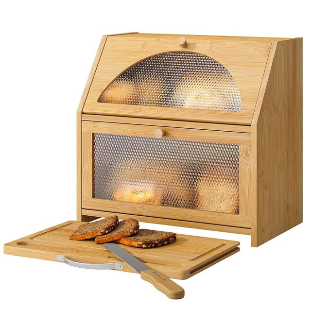 Bamboo Bread Box with Cutting Board, Double Layer Extra Large Bread Storage Bin with Door Panel for Kitchen Counter (Natural)