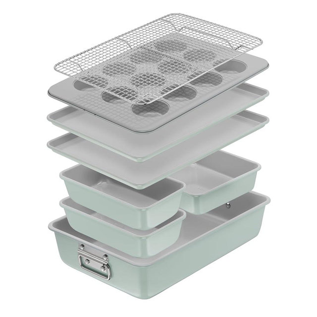 T-fal Refresh Ceramic Nonstick Baking Pans Set (8 pc), Baking Sheets, Roasting Pan, Cooling Rack, 12-Cup Muffin Pan, Square Baking Pans, Stackable Bakeware Set, Made without PFOA and PTFE, Mint Green