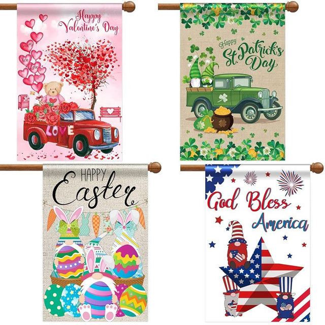 Moukeren 4 Pack Large Seasonal Garden Flags, Double Sided 28 x 40 Inch, Seasonal Lawn Yard Decorations, Christmas Halloween Fall Winter Flags for Outdoor Decoration