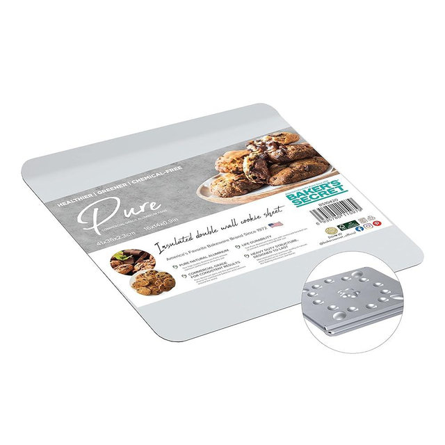 Baker's Secret Pure Aluminum Insulated Cookie Sheet Commercial Grade, 100% Recycled Aluminum Cookie Sheet Extra Thick (Insulated, 1x Cookie Sheet 16") - The Natural Aluminum Collection