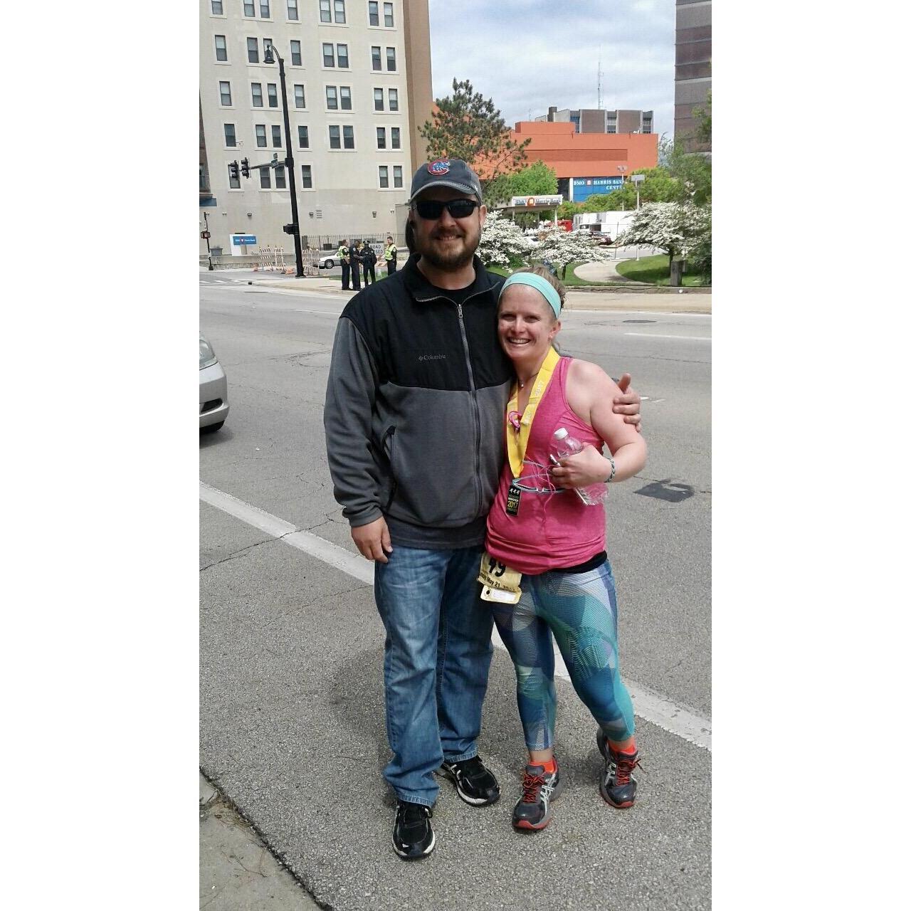 Just after completing my 26.2 mile run- my babe supporting and cheering me on