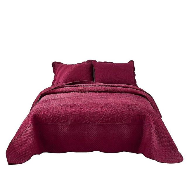 MarCielo 3-Piece 100% Cotton Oversized Bedspread Set Coverlet Set Lightweight Quilt Set Embroidery Farmhouse Bedding Set (Wine Burgundy, Queen (100"x106"))