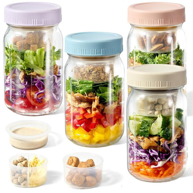 BLAZPATH 4 Pack Glass Salad Mason Jars with Dressing Cup, 32 oz Mason Jars Salad Container with Lids Meal Prep for Lunch, 2 Insert Separate Cups with Divider for Dressing and Dry Ingredients