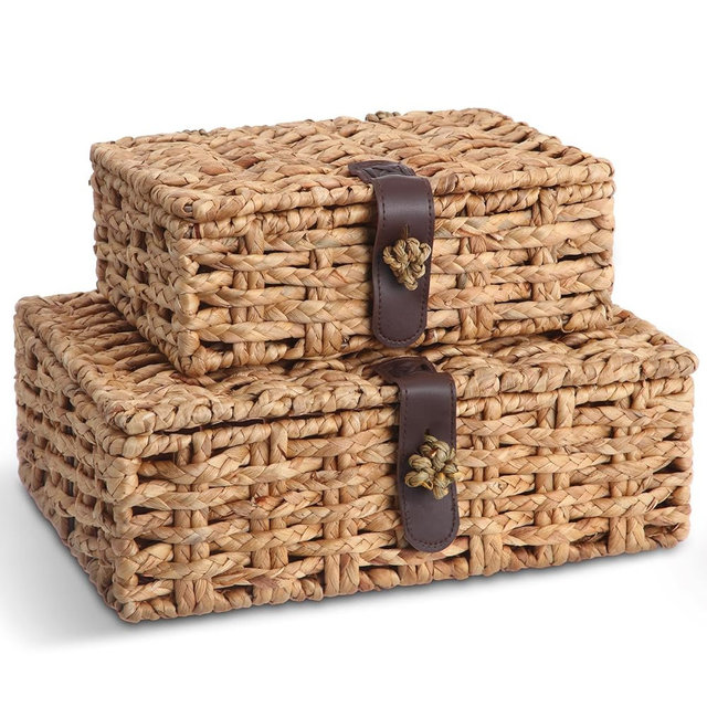 Novabright 2 Pcs Seagrass Storage Basket Box with Lid Decorative Box Storage Basket with Lid Rectangular Woven Shelf Baskets Bins for Coffee Table, Home Decor Organize Snack Toys(small+large)