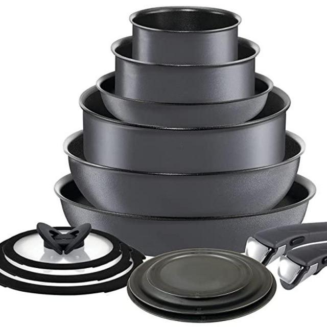 T-fal Ingenio Nonstick Cookware Set 14 Piece Induction Stackable, Removable Handle Pots and Pans, Dishwasher Safe Grey