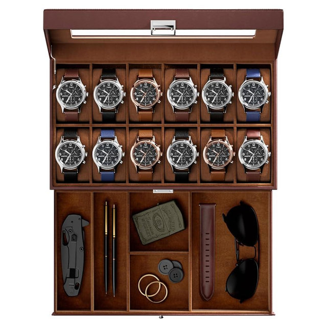 ProCase Watch Box for Men, 12 Slot Mens Watch Case With Drawer, Watch Display Case With Glass Lid, 2-Layer Watch Holder Organizer, Jewelry and Watch Storage for Men Women -12Slot, Espresso
