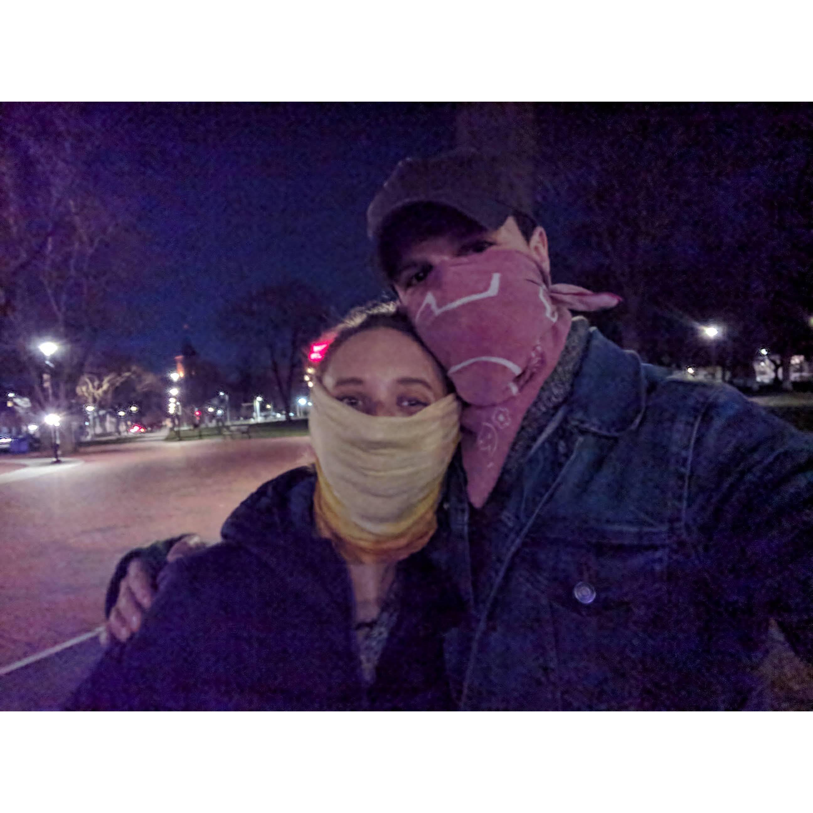 Our very first picture together! We took this in the early days of the pandemic when it made sense to go on a walk with a bandana tied around your face.