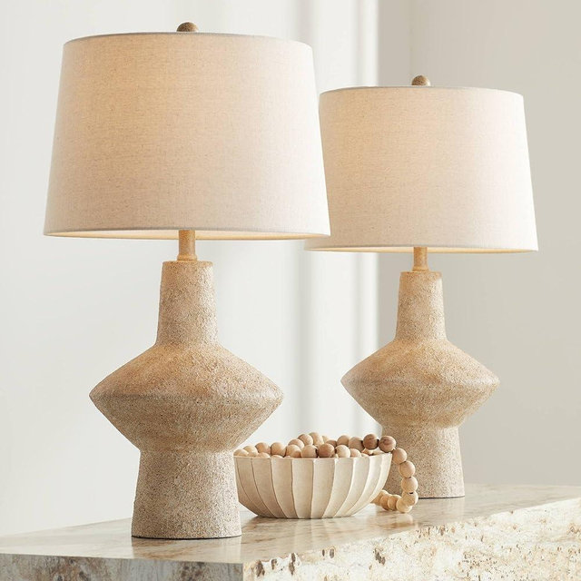 360 Lighting Cozumel 26 3/4" Tall Geometric Rustic Mid Century Modern Coastal Table Lamps Set of 2 Beige Living Room Bedroom Bedside Nightstand House Office Home Reading Off-White Shade