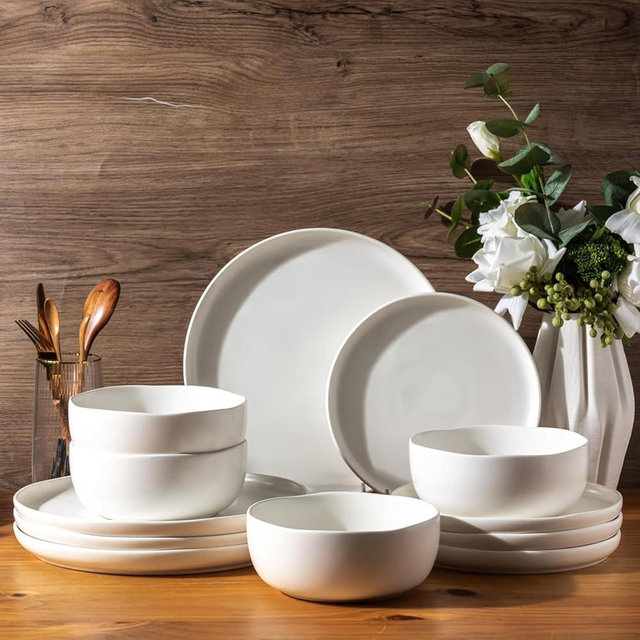 Ceramic Dinnerware Sets,Handcraft Wavy Rim Stoneware Plates and Bowls Sets,Highly Chip and Crack Resistant | Dishwasher & Microwave & Oven Safe Dishes set,Service for 4 (12pc)-White &Wave