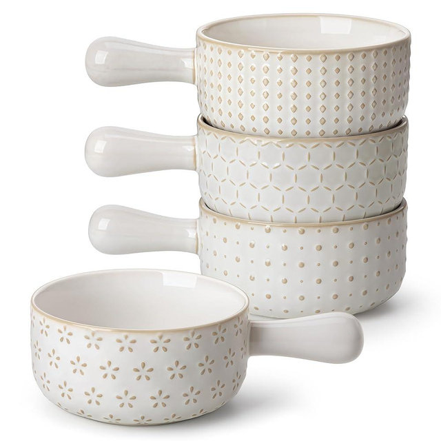 MALACASA French Onion Soup Bowls with Handles - 20 oz Oven Safe Bowls Soup Crocks for Chilli, Beef Stew, Cereal & Pasta - 5 Inch, Set of 4, Series LYDIA
