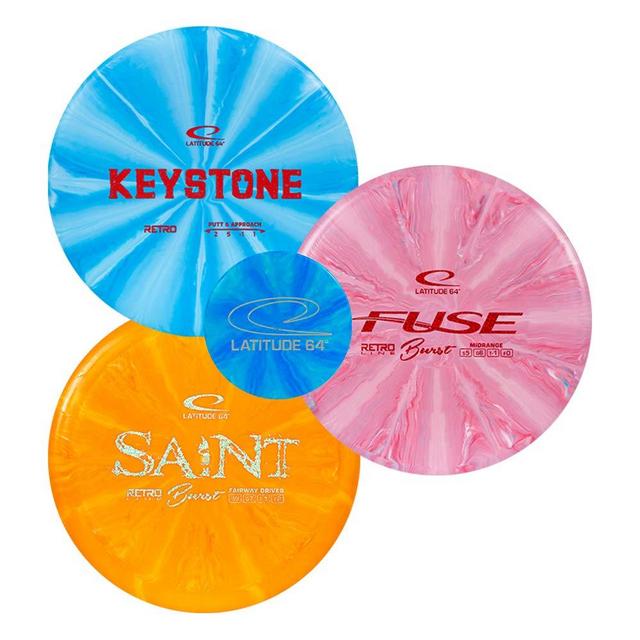 Latitude 64 Retro Burst Disc Golf Starter Set | Perfect Disc Golf Set for New to Intermediate Players | Includes Bonus Mini Marker | Grippy Base Plastic | Colors May Vary