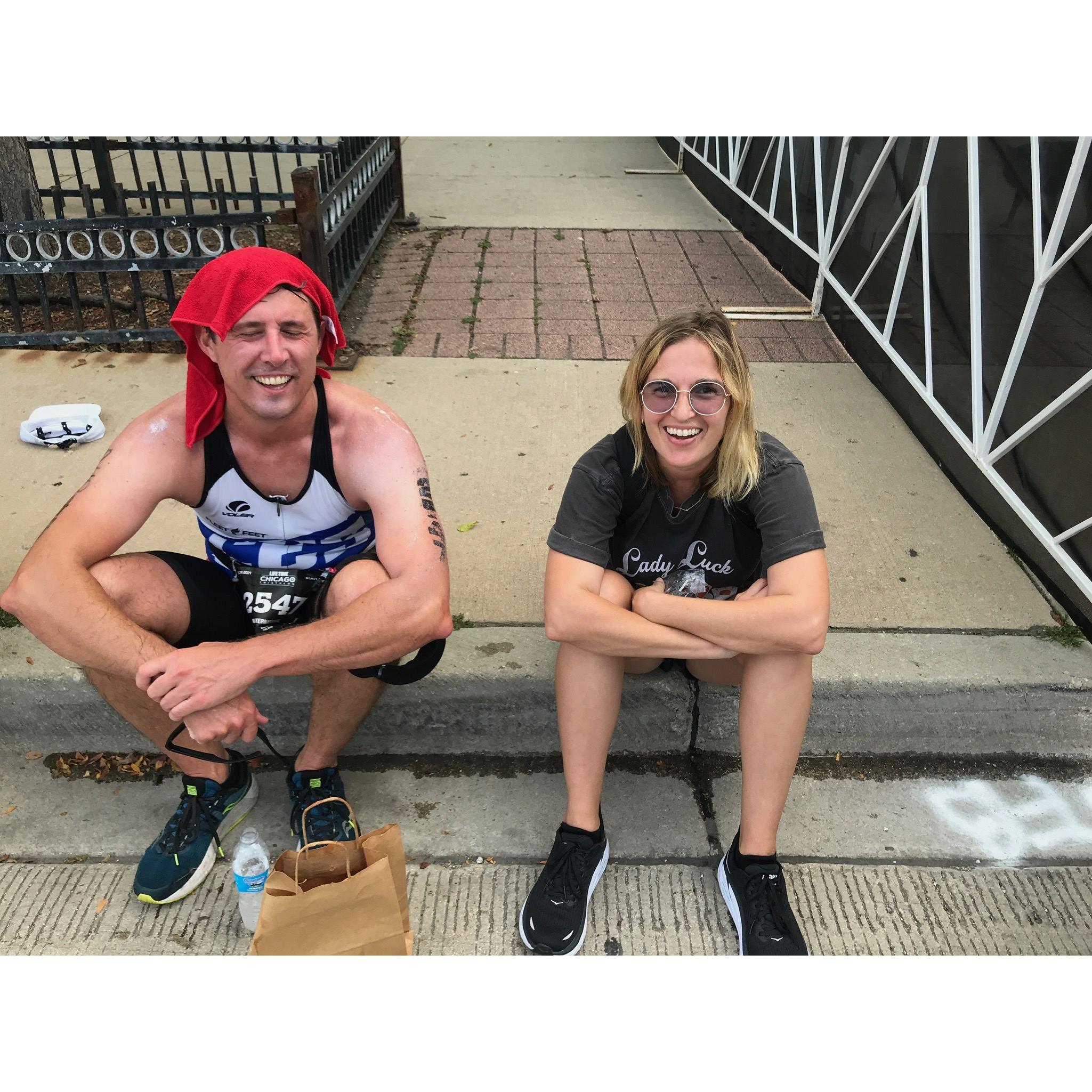 Carl is a terrible triathelete but Genevieve is his biggest fan.
