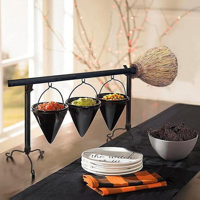 Halloween Broomstick Snack Bowl Stand with Removable Basket Organizer, Halloween Snack Bowl Stand for Biscuit Dessert Snack Storage for Halloween Festival Wedding Party Use (3 Bowl)