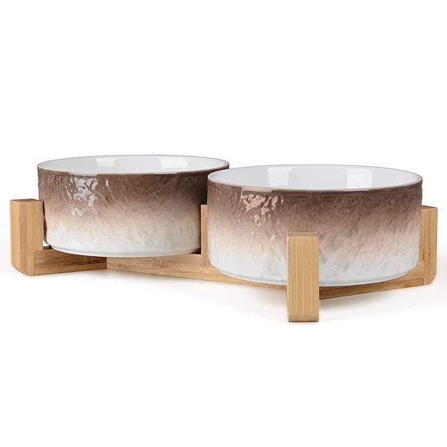 WoofinPets Ceramic Dog Bowl - 30Oz Dog Food Bowl & Water Bowl with Wood Stand Non-Slip Dog Dish for Cats Small & Medium Dogs, Modern Heavy Pet Feeder Bowl Set of 2, Microwave & Dishwasher Safe, Brown