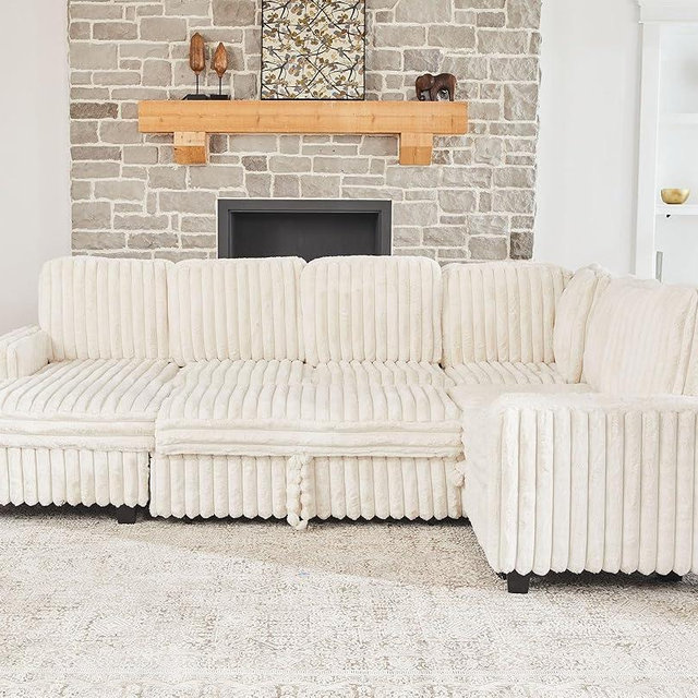 Belffin Corduroy Sleeper Sofa Bed with Storage Chaise Modular Sectional Sofa Couch with Pull Out Bed L Shaped Sectional Couches for Living Room Beige Couch