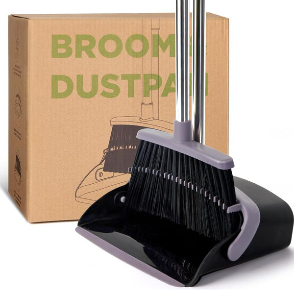 Broom and Dustpan Set, Dustpans with Broom Combo for Home, Heavy Dust Broom and Dustpan Combo, Long Handle Dust Pan and Broom Set for Kitchen, Office, Pet Hair, Charcoal Color, Pack of 1