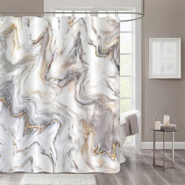 Gibelle Grey Gold Marble Abstract Neutral Shower Curtain for Bathroom Decor, Modern Luxury Art Waterproof Fabric Curtain Set with Hooks, Unique Bath Accessories, 72 x 72