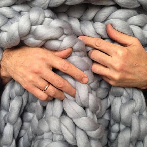 Large Knit Blanket, Knitted Blanket, Chunky Knit Throw, Grey Throw Blanket, Grey Merino Wool Blanket, Chunky Knit Blanket Grey