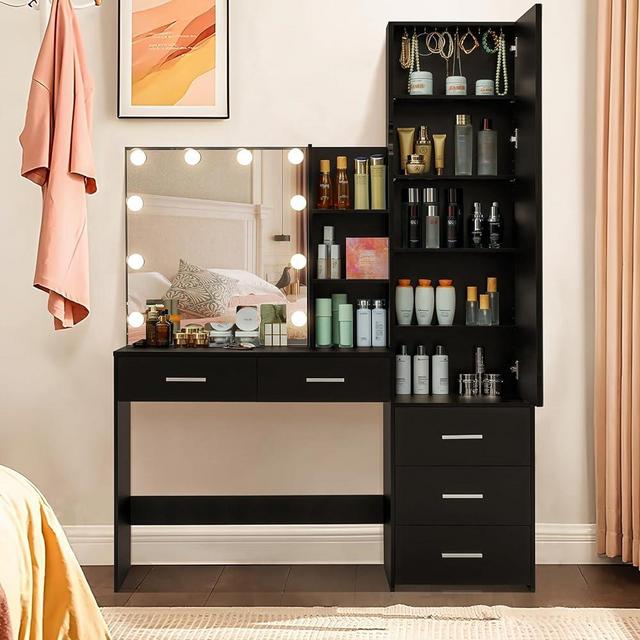 usikey 47.2" Large Vanity Desk with 10 Lights Bulbs & Full-Length Mirror, 70.9" High, Makeup and 5 Drawers, Table Set Mirror Cabinet 8 Storage Shelves, Black